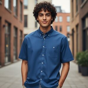 Ted Baker London Men's Short Sleeve Cotton Navy Button Down - Size 6 (2XL)